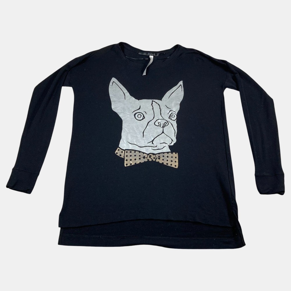 Kensie French Bulldog Graphic Print Long Sleeve Black Shirt Women's Size Small